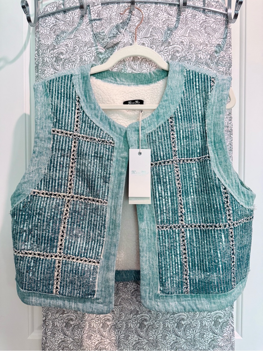 NWT- “Miss Me” Denim Sequins Plaid Sherpa-Lined Vest- Medium Blue, L